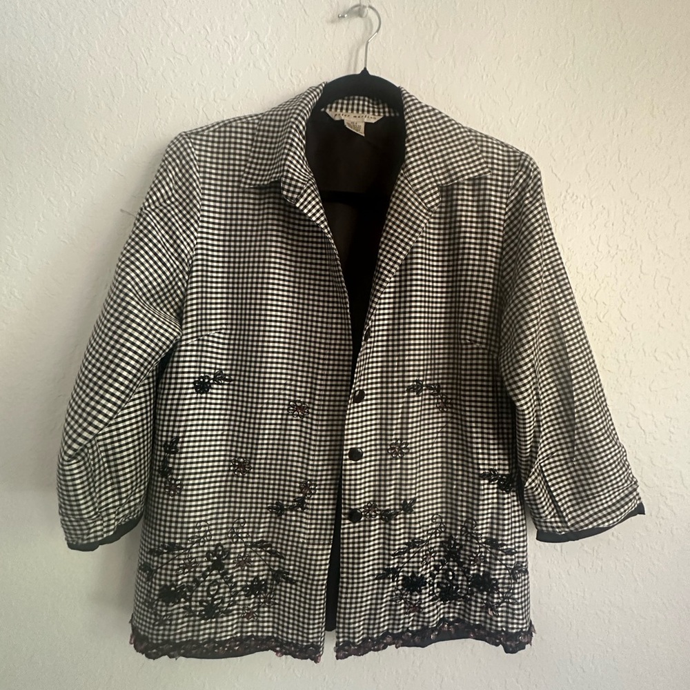 Peter Martin 100% Silk Black and White Checkered Women's embroidered blazer
